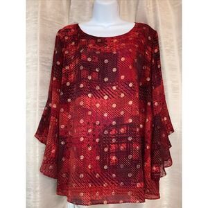 Kasper Womens Blouse 2X Red Gold Polka Dot Sheer Bell Sleeve Keyhole Neck